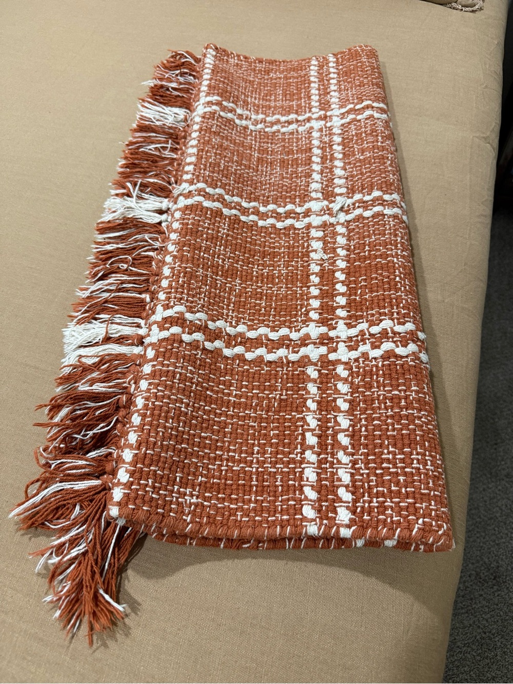 Urban86 Rust Orange & White Woven Fringed Throw